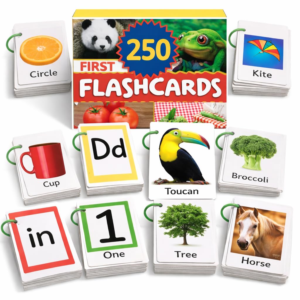 TOYVENTIVE Educational Cards for 1-3 Years Old Kids with Circle, 250 Double Sided Cards, 500 Words, Gifts for 1 Year Old, Teaching Cards for Toddler, Educational Toys and