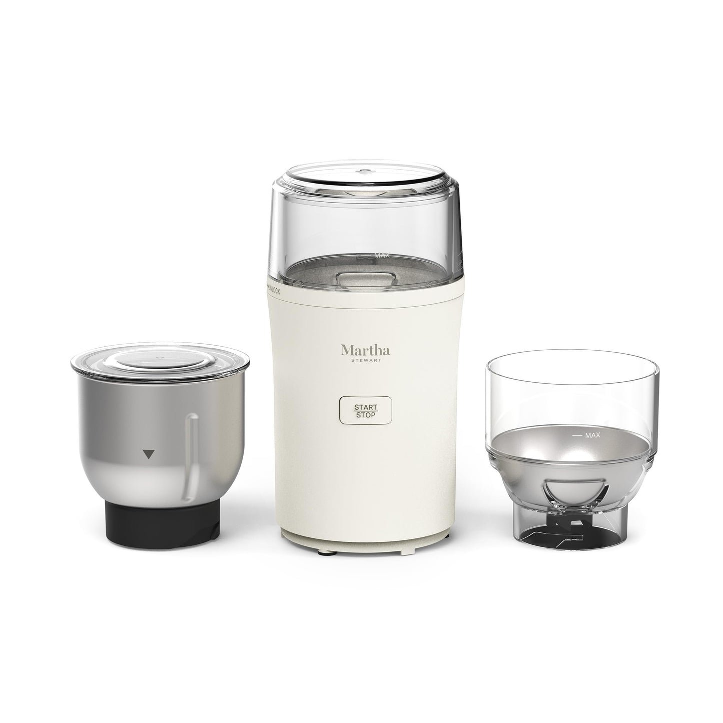 Martha Stewart Electric Coffee & Spice Grinder, Dual 2.5oz Removable Bowls, Storage Lids, Stainless Steel Blades, One Touch Pulse Control, 2-in-1 Compact, Beans & Spices, Herbs & Nuts, Linen Cream