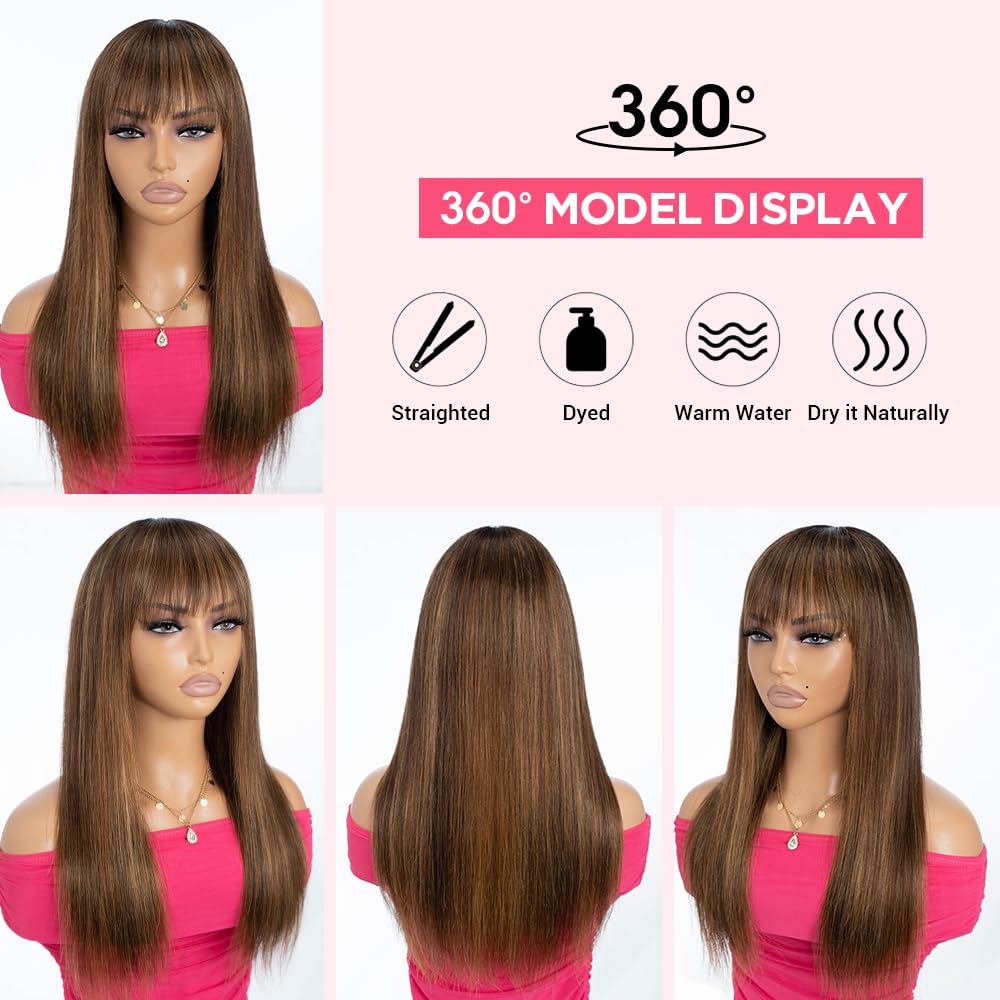 Rebecca Fashion 18 Inch Ombre Blonde Brown Straight Wig with Bangs Human Hair Silky Straight Bang Wig Glueless Minimalist 2.75x1 Lace Scalp Wig for Women Glueless Wear and Go Wigs Brazilian Remy Hair