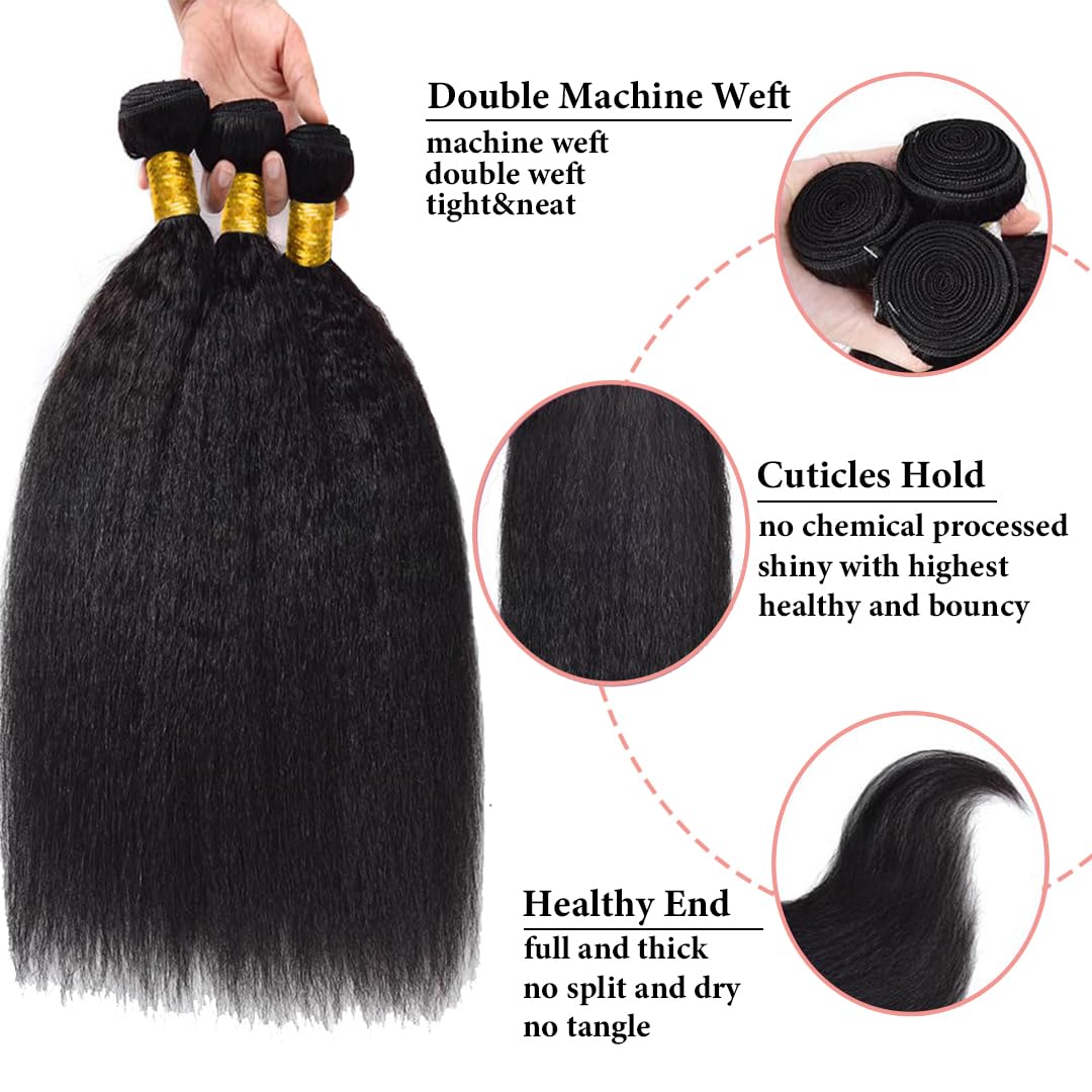 Kinky Straight Bundles Human Hair 20 22 24 Inch 3 Bundles 100% Unprocessed Brazilian Virgin Remy Hair Yaki Straight Bundles Human Hair Extensions Natural Color Human Hair Bundles for Black Women