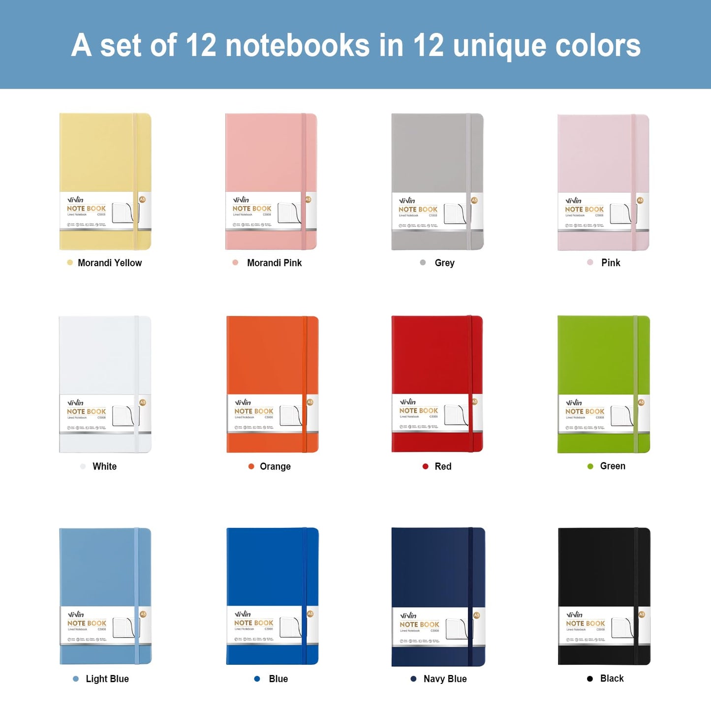 ViVin Lined Journal Notebooks for Professional Office Work,192 Pages,Medium 5.5 x 8.3 inch,College Ruled,A5 Hardcover Journaling Notebooks for Writing,12 Pack Bulk