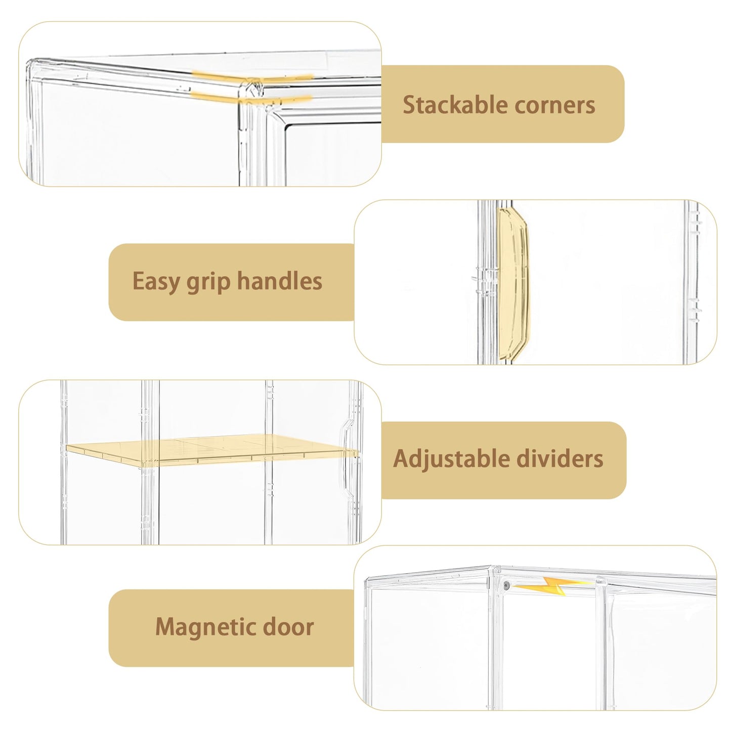 Acrylic Display Case for Collectibles, Clear Storage Bin with 3 Adjustable Layers and1 Removable Divider, Stackable Clear Storage Box with Magnetic Door for Figures, Home or Office,Large,2Pack