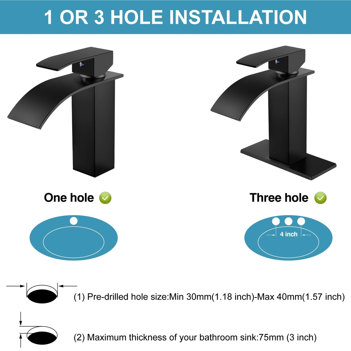 Midanya Matte Black Bathroom Sink Faucet Waterfall Spout Single Handle 1 Hole Deck Mount Mixer Tap Lavatory Vanity Sink Faucet Commercial with Deck Plate and Pop Up Drain