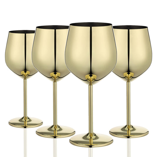 WOTOR Gold Wine Glasses Set of 4, 18oz Unbreakable Gold Goblet, Stainless Steel Wine Glass, Metal Wine Glass for Outdoor, Travel, Camping, Pool, Ideal Gift for Wine Lovers