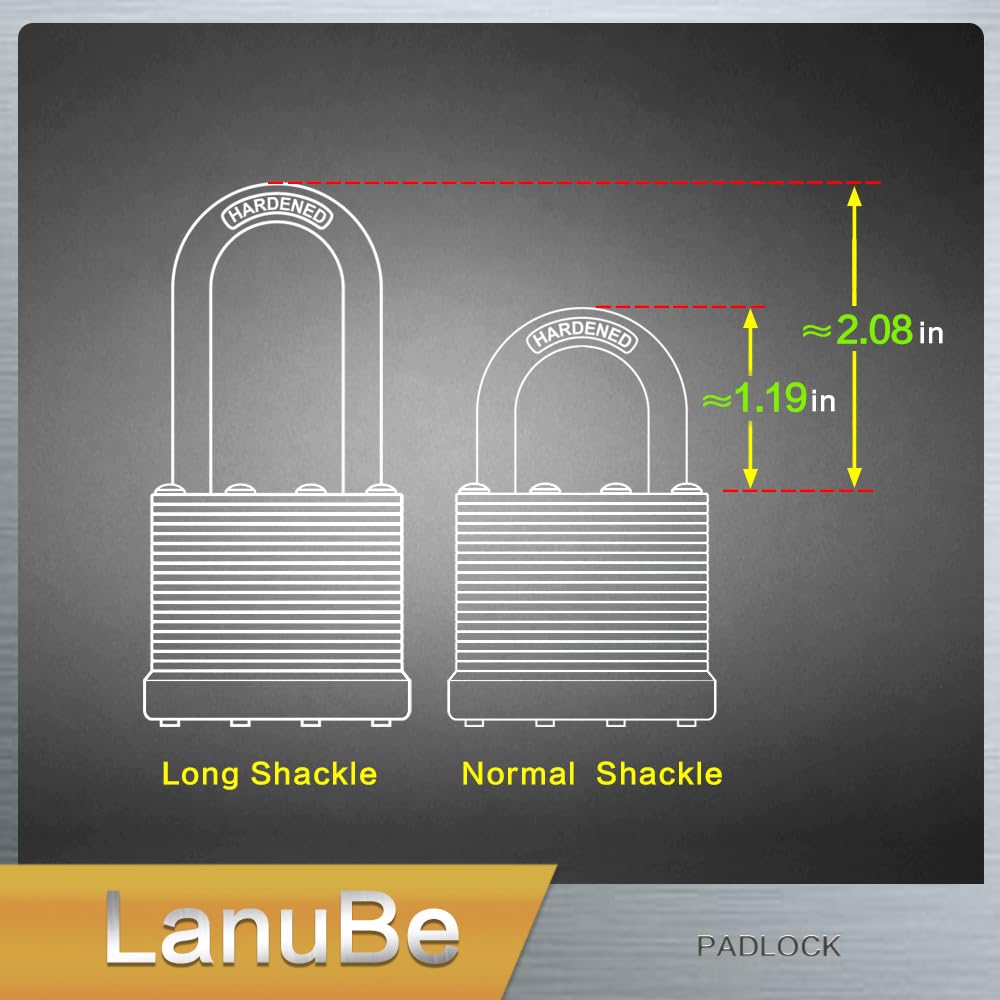 LanuBe Lock Laminated Steel Keyed Padlock,Keyed Alike Locks, Long Shackle Padlock,Pack of 12