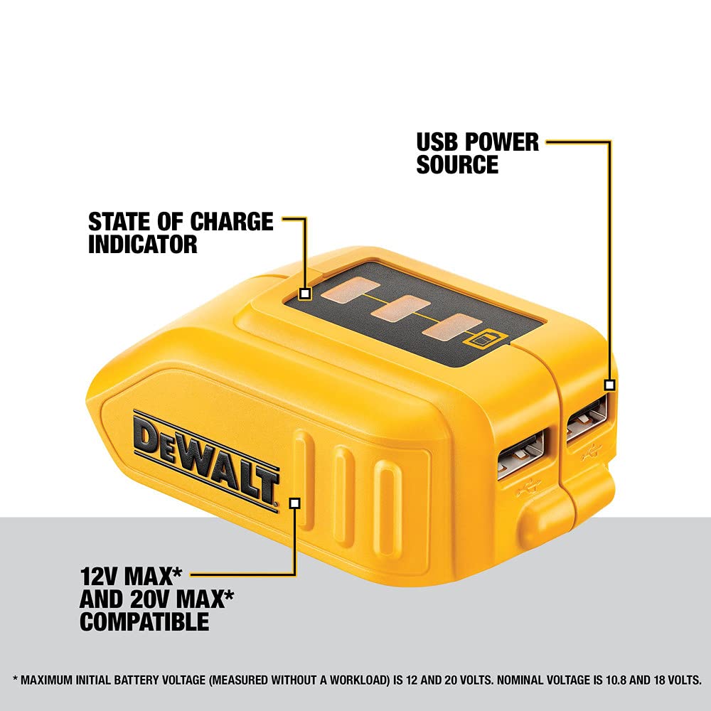 DEWALT 12V/20V MAX USB Charger with 2 Ports and State of Charge Indicator(DCB090)
