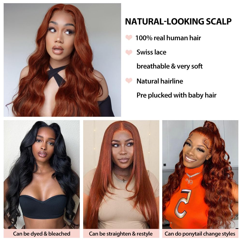180% Density 13x6 Lace Front Wigs Human Hair Pre Plucked 13x6 Reddish Brown HD Transparent Body Wave Lace Front Wigs For Women Ginger #33 Colored Brazilian Virgin Hair Glueless Wigs Human Hair 22Inch
