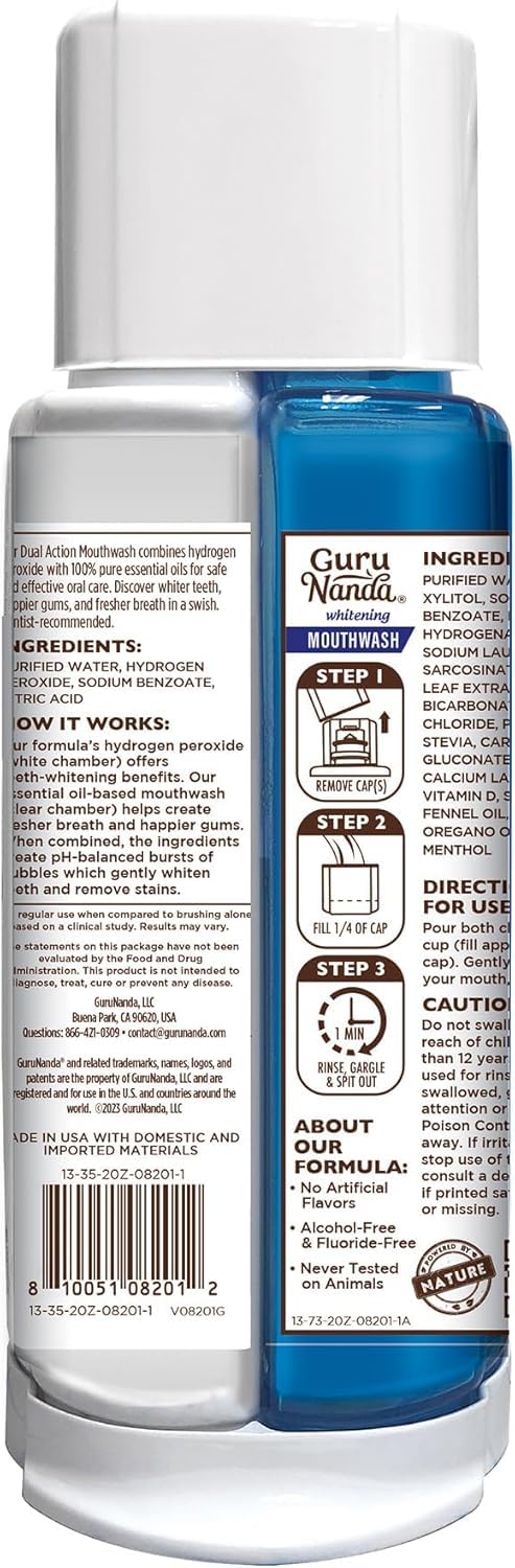 GuruNanda Teeth Whitening Dual Barrel Oxyburst Mouthwash - Alcohol & Fluoride Free, Hydrogen Peroxide to Promote Whiter Teeth - Wild Mint - 3x20 Fl Oz