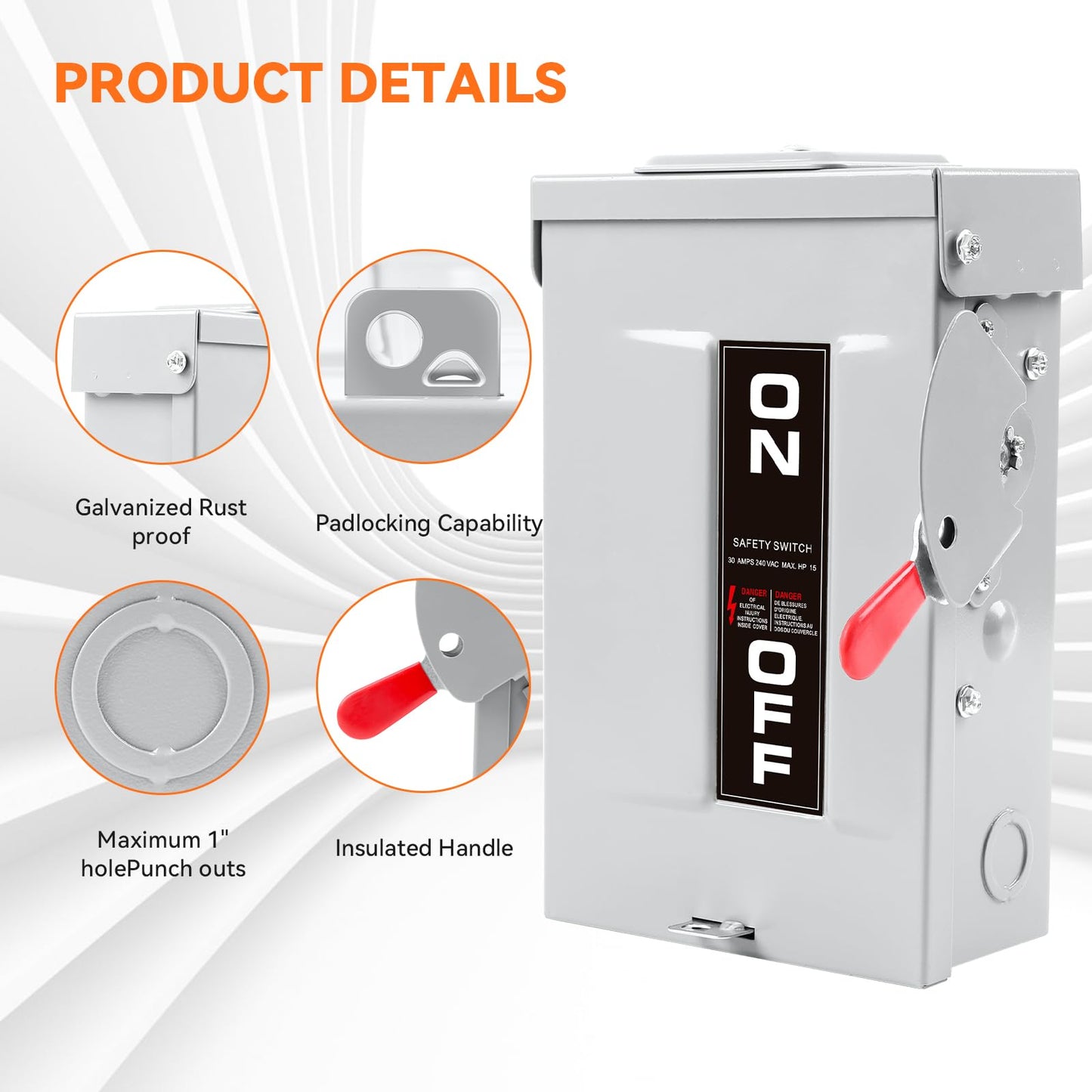30 Amp Disconnect Switch,3 Pole Safety Switch,Non-Fusible,Indoor&Outdoor,Meeting NEMA 3R Standards,Galvanized Steel，Anti Corrosion and Rust Prevention,10-Year Warranty