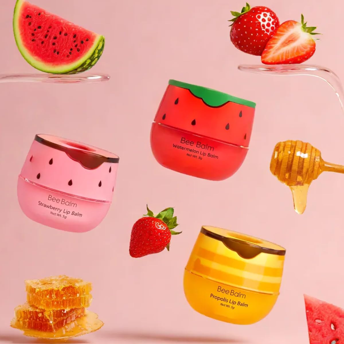 3 Pieces Lip Balm - Original BeeBalm in Watermelon, Strawberry, Honey - Hydrating Lip Care, Lip Butter for Dry and Cracked Lips, Propolis Honey Lip Mask, Lip Moisturizing & Sleep Mask