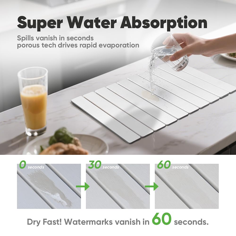 Stone Drying Mat for Kitchen Counter, Quick Diatomaceous Earth Mats for Dishes, 24"L x 16" W Super Absorbent Fast-Drying Collapsible Countertop Stone Mat (White, 24" x 16")