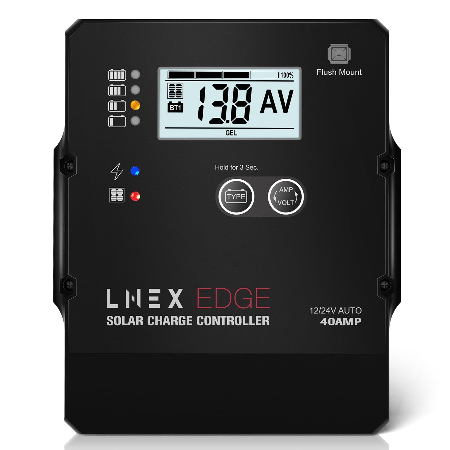 LNEX Solar Charge Controller with Flush Mount Design, 6 Stage Charging with LCD Display 12V/24V Auto PWM Controller 40A for LiFePO4, AGM, Gel, Flooded and Lithium Battery