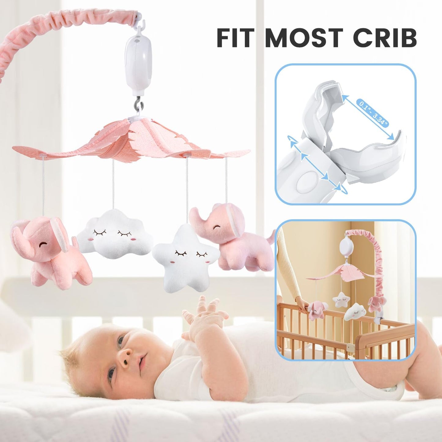 FEISIKE Mobile for Crib Bassinet Girls Baby Mobiles with 3 Modes Digital Music Box（Turn Only, Music Only, Turn & Music, 35 Lullabies, Pink Elephant Nursery Mobile, Clamp Type, Pretty Box Packaging