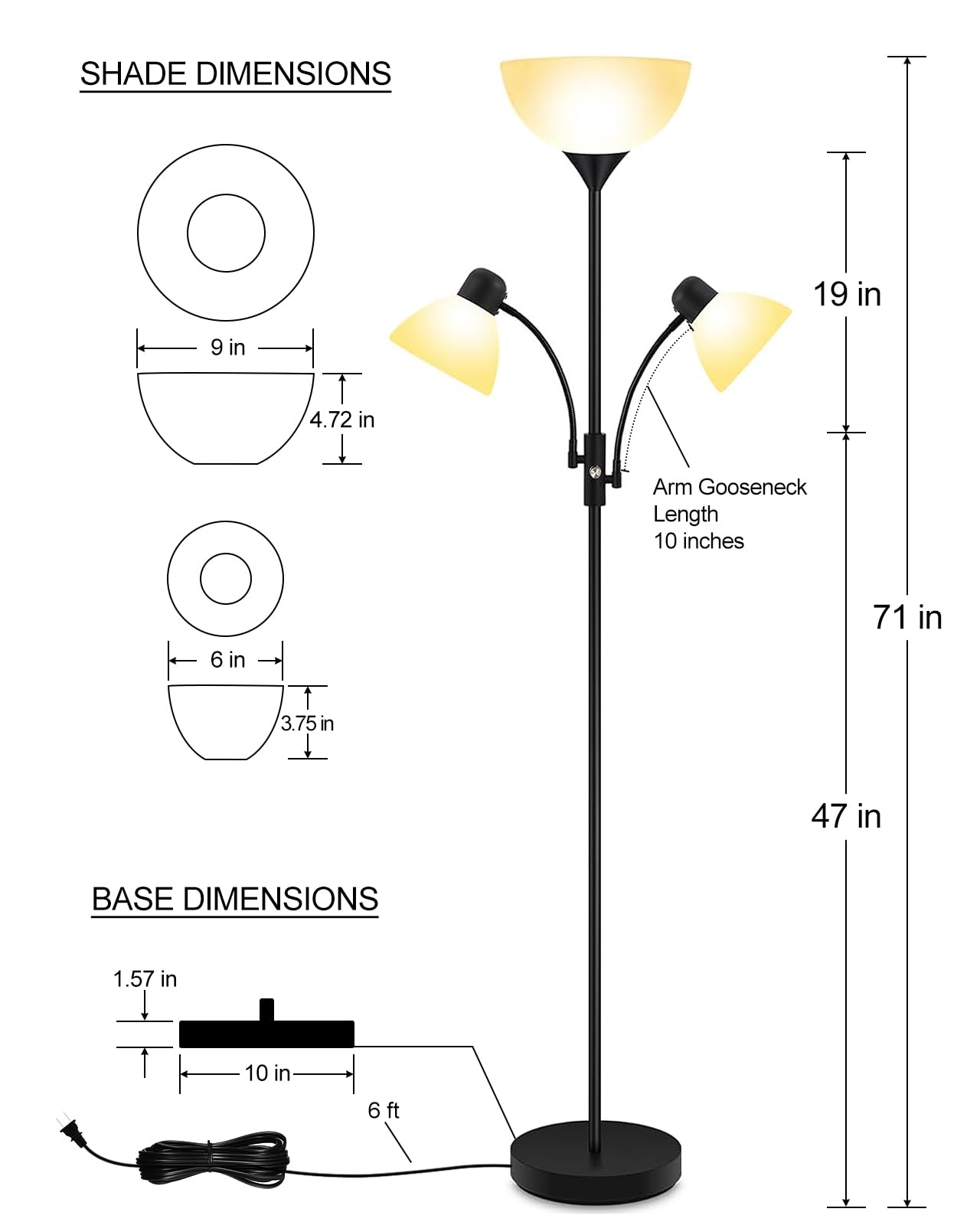 Floor Lamp Black, Standing Lamp, 71" Tall Lamps for Living Room, 3 Way Switch, Plastic Lampshade, Torchiere Floor Lamp with Reading Lamps, Modern Pole Lamps for Bedroom Kids Room E26 Base(No Bulb)