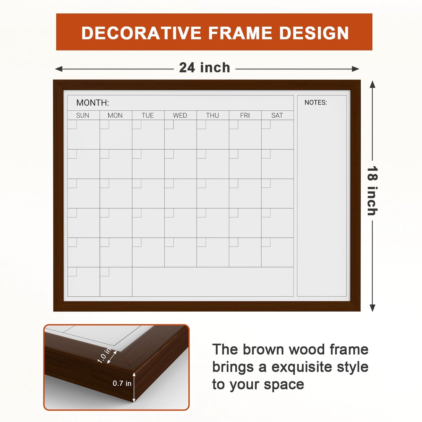 Comix Dry Erase Calendar Whiteboard for Wall, Magnetic Dry Erase White Board with Brown Wood Frame, 24 * 18 inches Decorative Planner Board for Office, Kitchen, School, Home