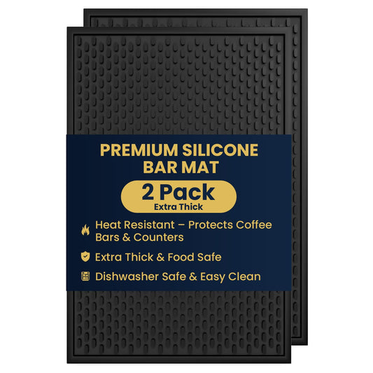 AXIESO 2 Pack Silicone Bar Mat - 1/2 Inch Thick Heat-Resistant and Food Safe Drip Mat - Spill Mats for Counter Top - Kitchen Service Mat, Coffee Bar, Restaurant - Drying Mat - 18 x 12 Inches