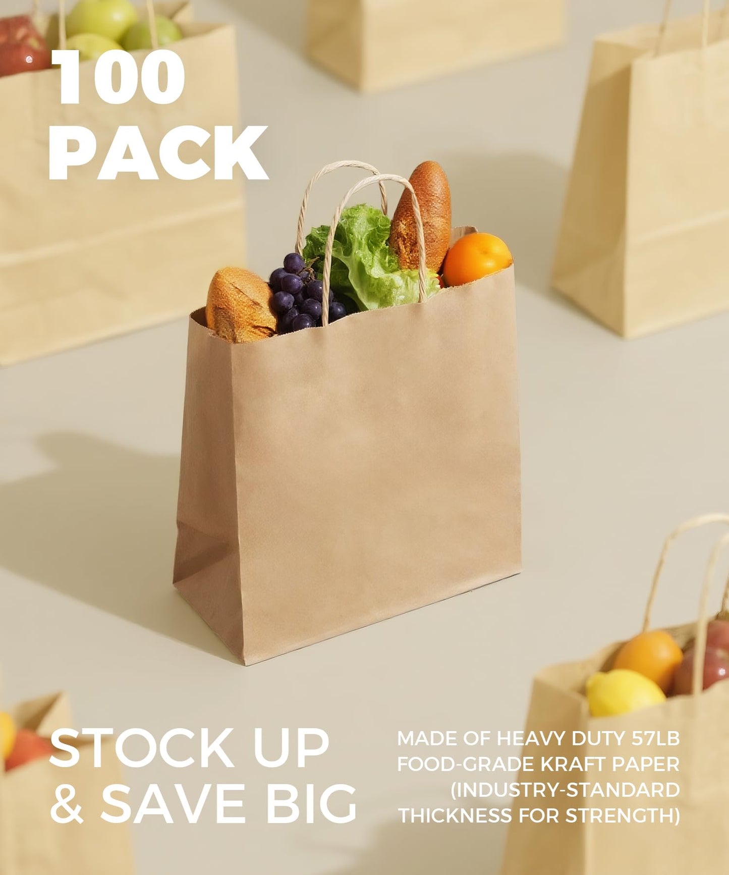 Sipthene Paper Grocery Bags with Handles (100 Pcs Bulk) 12x7x14 Inches, Large Brown Paper Bags 57 Lbs Basis - Heavy Duty Kraft Paper Sacks for Shopping, Retail, Takeout, To Go