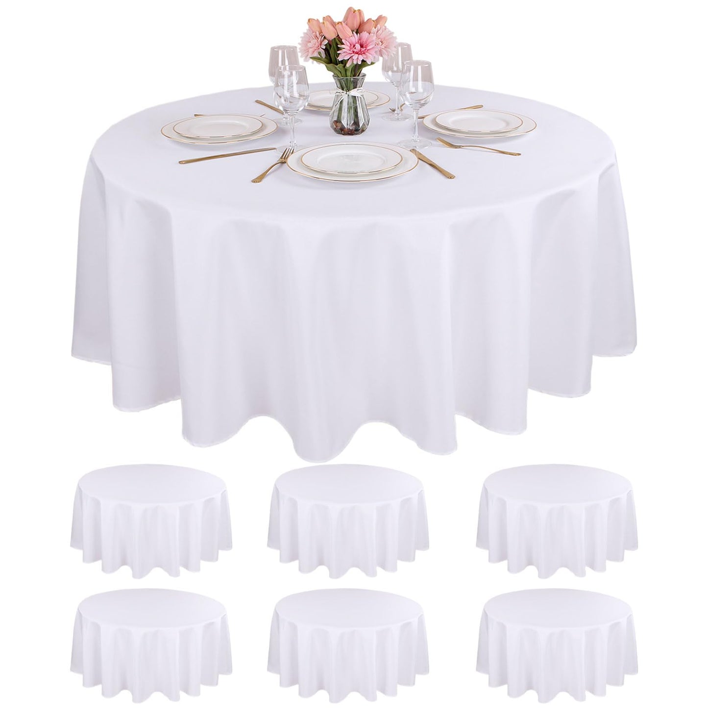 Kesfey 6 Packs Round Tablecloth 108 Inches White Polyester Table Cloths Stain and Wrinkle Resistant Tablecloths for Round Tables Washable Circle Fabric Tablecovers for Wedding Camping Banquet Parties
