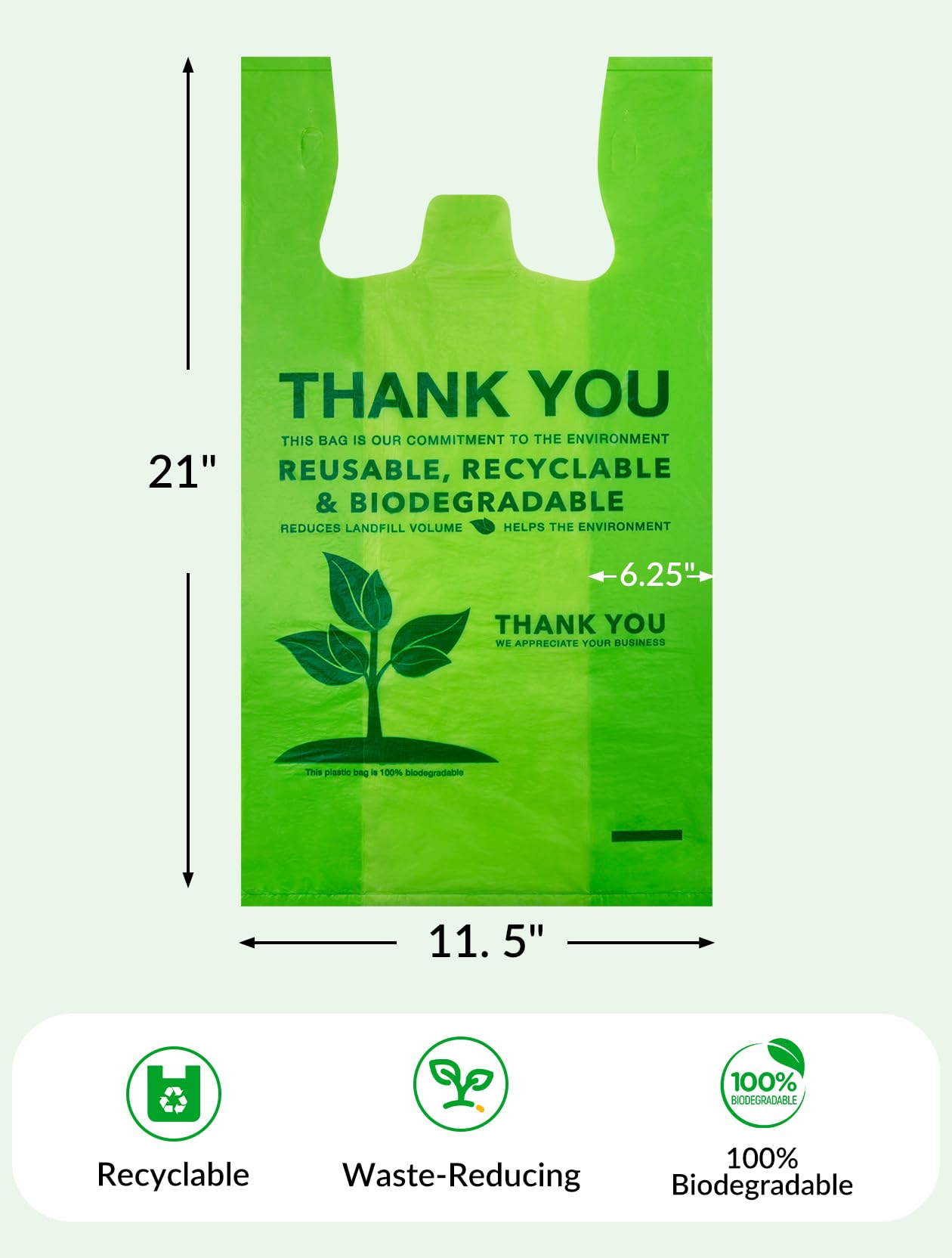 UMT Plastar 500 Count Recyclable Compostable 100% Biodegradable T-Shirt Bags, Eco-Friendly Grocery Shopping Bags, 11.5" x 6.25" x 21", 16 Mic