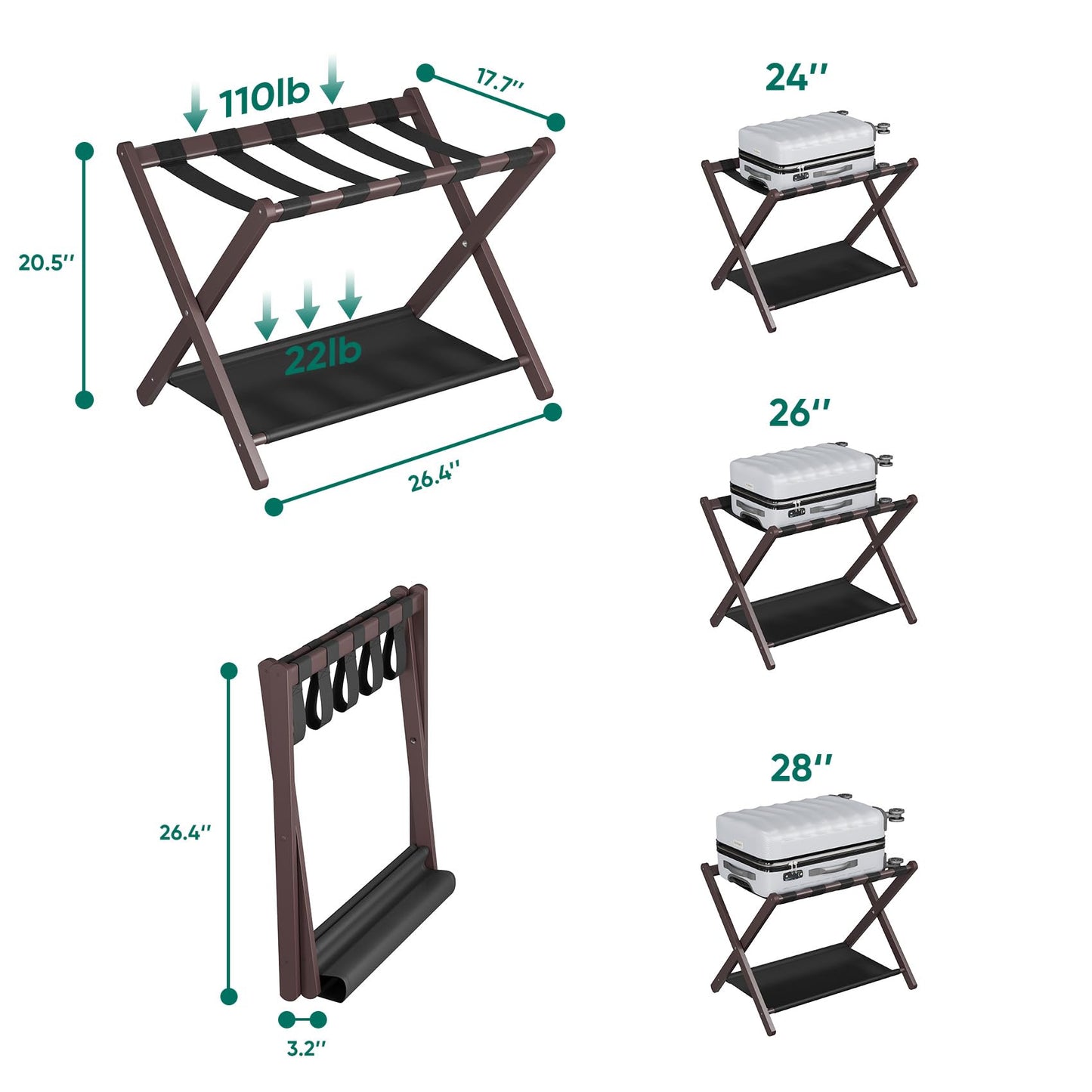 Smuxee Brown Bamboo Luggage Rack Pack of 2, Foldable Suitcase Stand with Storage Shelf, Easily Assembled Luggage Stand with 5 Nylon Straps for Guest Room Bedroom Hotel