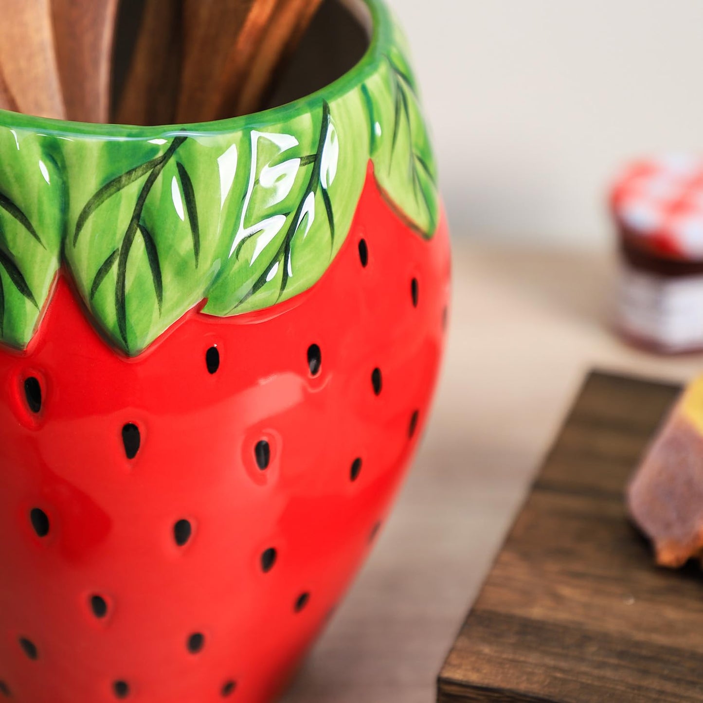 Bicuzat Strawberry Shaped Ceramic Kitchen Utensil Holder, Large Cooking Utensil Crocks for Kitchen Countertop, Ceramic Utensil Organizer for Spatula, Kitchen, Home Decoration-Retro Red