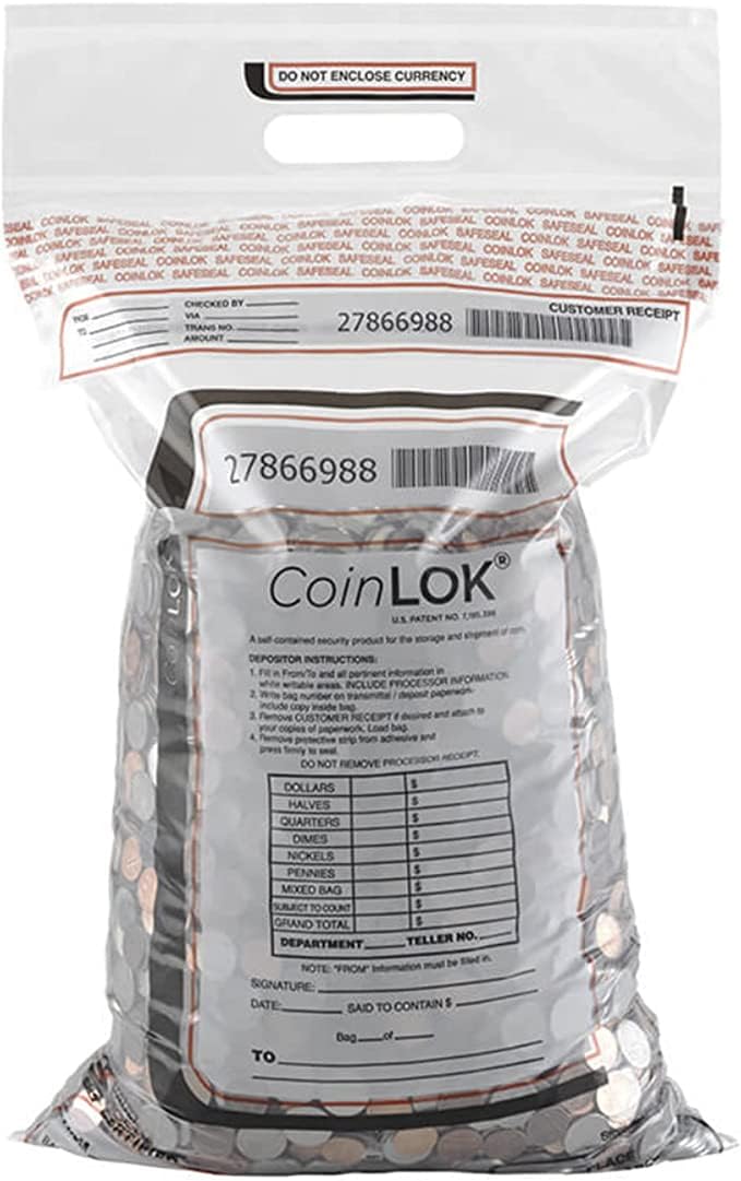 ControlTek CoinLok 12" x 24.5", Clear, 50 Bags, Tamper Resistant Coin Bag, Cash Register Money Bag for Bank Deposit, Security Bags Hold Up To 50lbs of Coins 585100