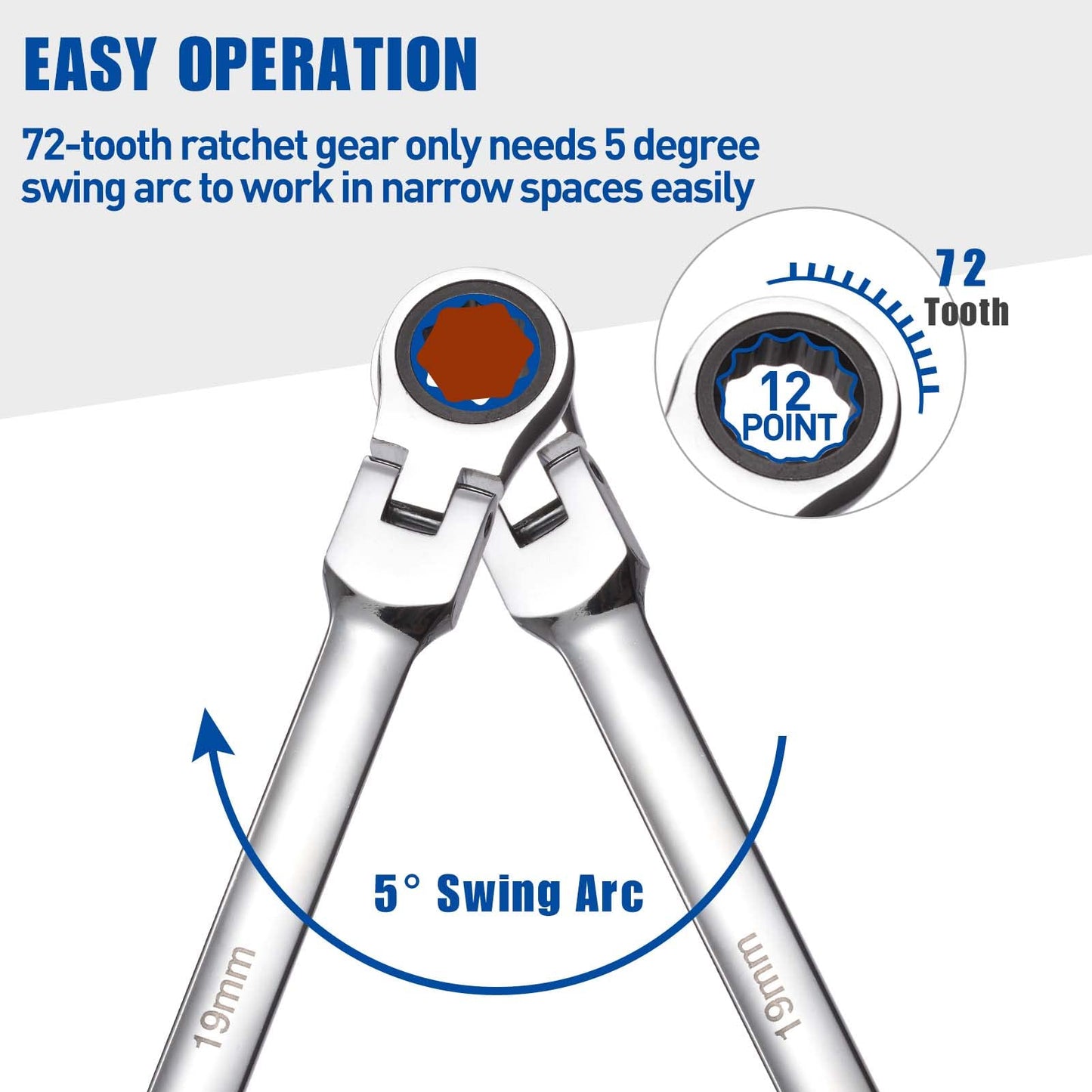 RIMKOLO 6-Piece Extra Long Flex-Head Ratcheting Wrench Set, 72-Tooth Double Box End Wrench Set, CR-V Steel ratcheting wrenches with Metric 8mm - 19mm