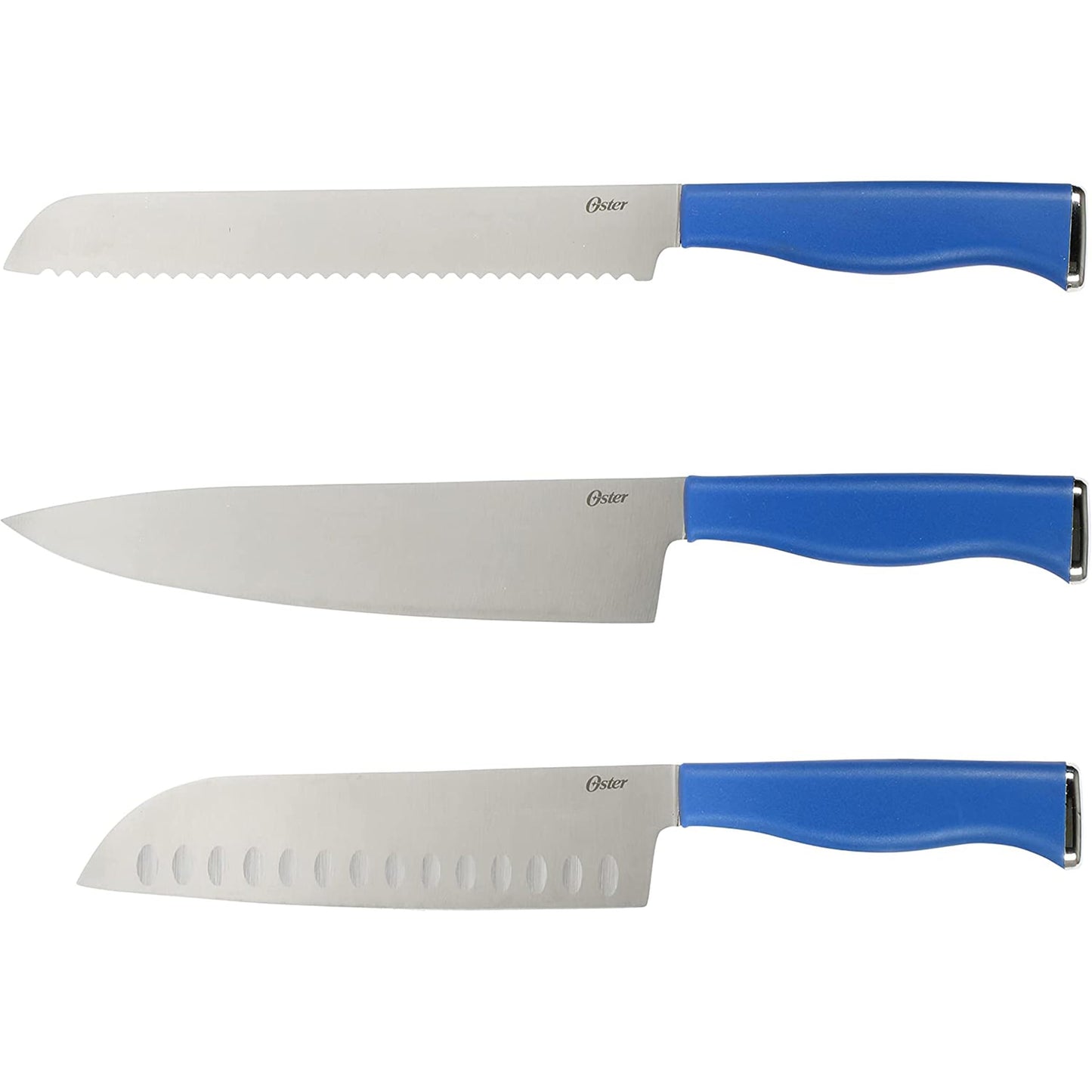 Oster Langmore 15-Piece Stainless Steel Cutlery Knife Block Set with Classic Blue Handles – Full Kitchen Knife Set in Black Storage Box
