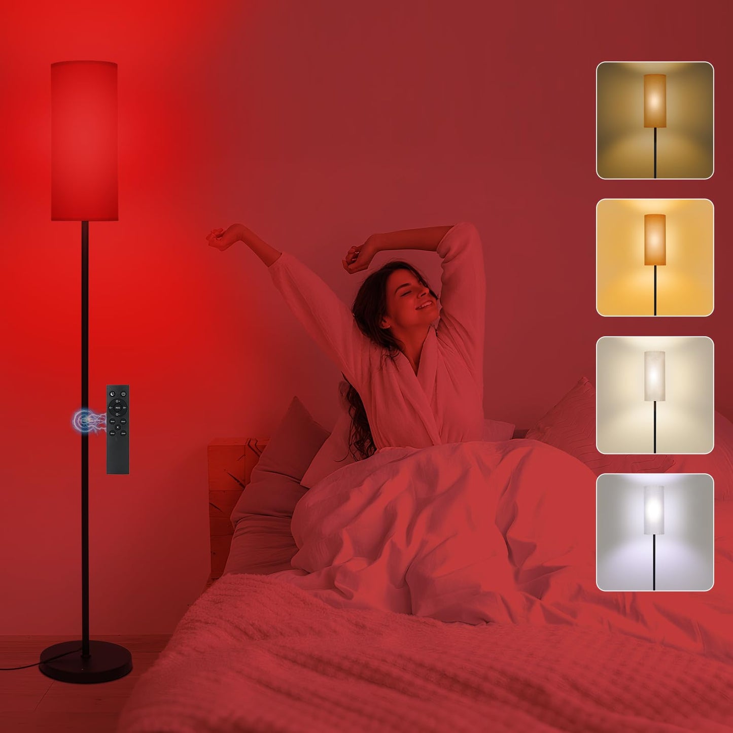 SNVHLQ Floor Lamp with Red Light - 670nm Red Night Light for Sleep, 3CCT LED Standing Lamp with Remote, Dimmable Modern Floor Light with Timer and Memory, Sturdy Iron Base, Linen Shade, for Bedroom