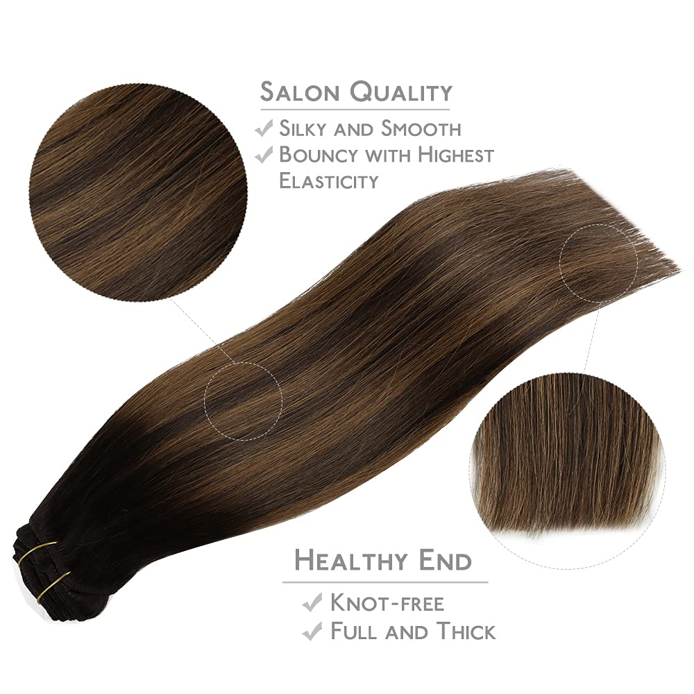 WENNALIFE Clip in Hair Extensions Real Human Hair, 14 Inch 120g 7pcs Dark Brown to Chestnut Brown Balayage Hair Extensions Clip In Human Hair Remy Clip in Hair Extensions Real Human Hair Double Weft