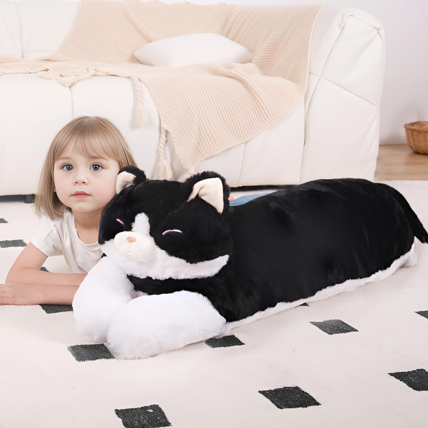 40'' Large Cat Sleeping Long Plush Pillow Toy, Milk Black White Kitty Soft Cat Stuffed Animals, Big Kitten Plushies Cute Doll Gift for Kids Girls Boys, Birthday
