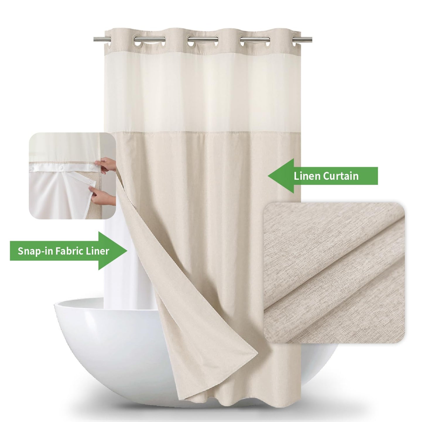 eachope Stall No Hooks Needed Linen Textured Shower Curtain with Snap-in Fabric Liner Set,Hotel Luxury Decor Shower Curtains for Bathroom,Waterproof & Washable,60Wx74H,Cream