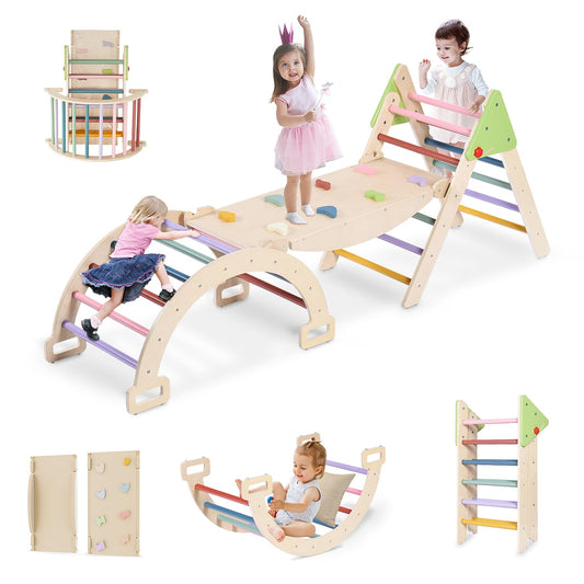 7 in 1 Wooden Pikler Triangle Set, Foldable Indoor Toddler Climbing Toys, Montessori Climbing Set for Children with Arch, Ramp, Ladder, Jungle Gyms for Kids, Baby Sensory Toys