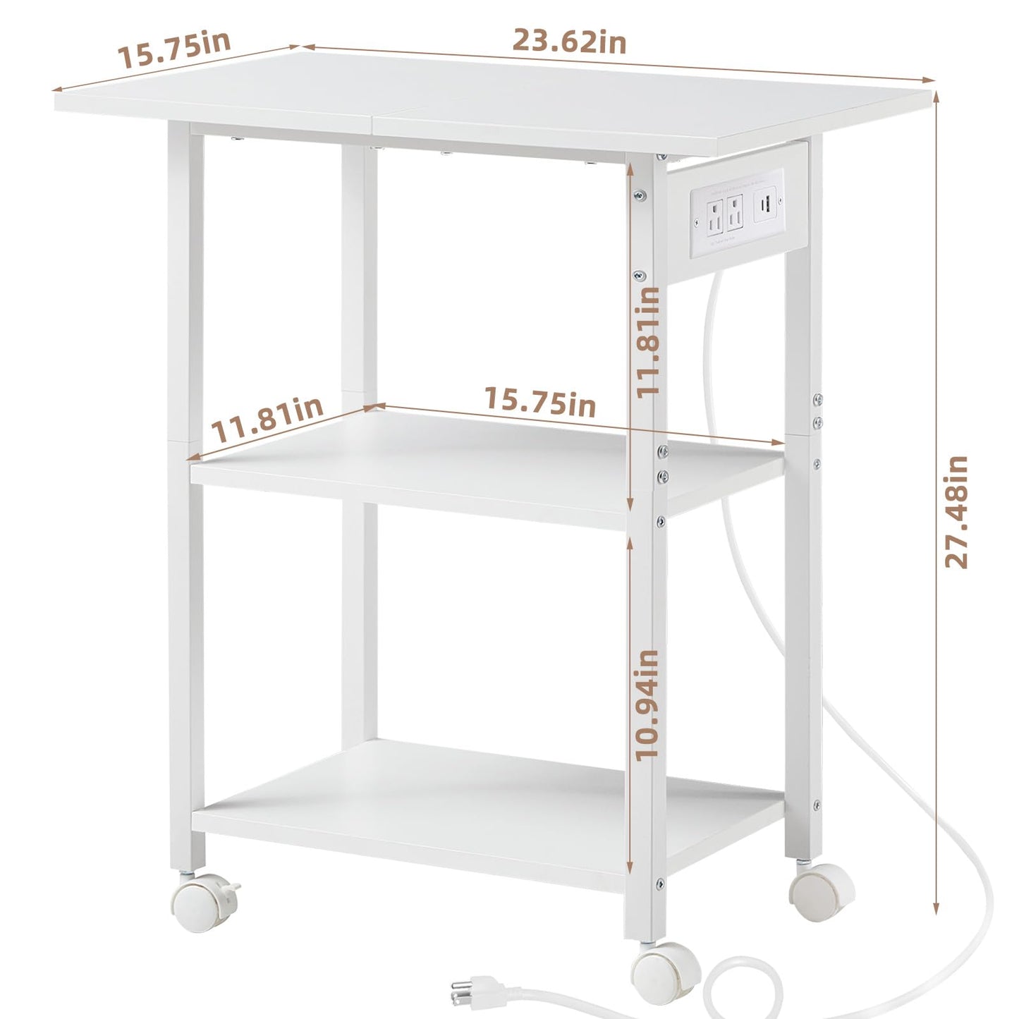 Lerliuo 3-Tier Printer Stand with Charging Station, Industrial Mobile Printer Table with Storage Shelf and Steel Frame, Rolling Printer Cart Holder with Lockable Wheels for Home, Office (White)
