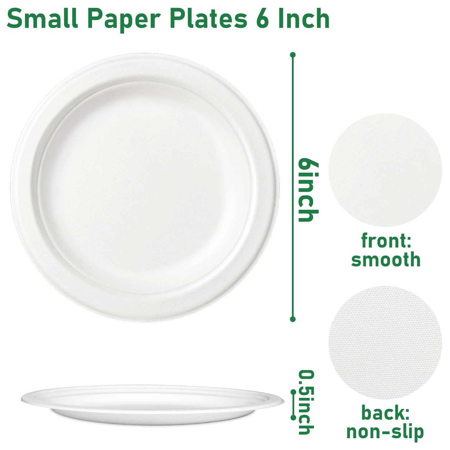Uniecocus Small Plates Disposable, 6 Inch Paper Plates Bulk Heavy Duty, Compostable, White, 500 Count