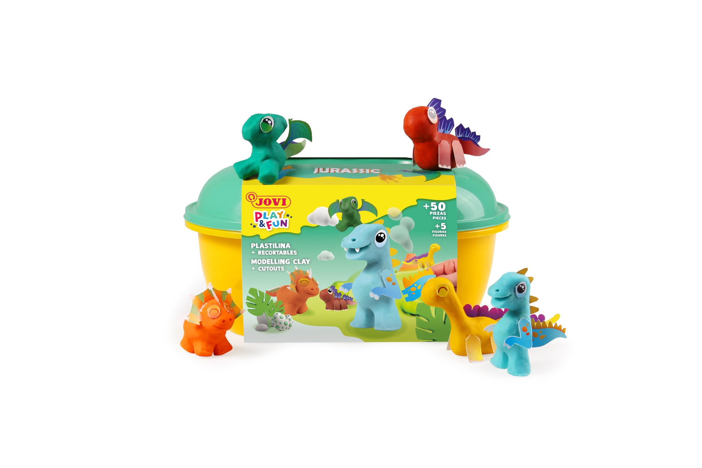 Jovi - Play&Fun JURASSIC Dinosaur Dough Kit, 24 x 15g Tablets, 3 Cutout Stencils and 3 Modeling Tools, Gifts and Crafts for Children Ages 3 and Up (2201)
