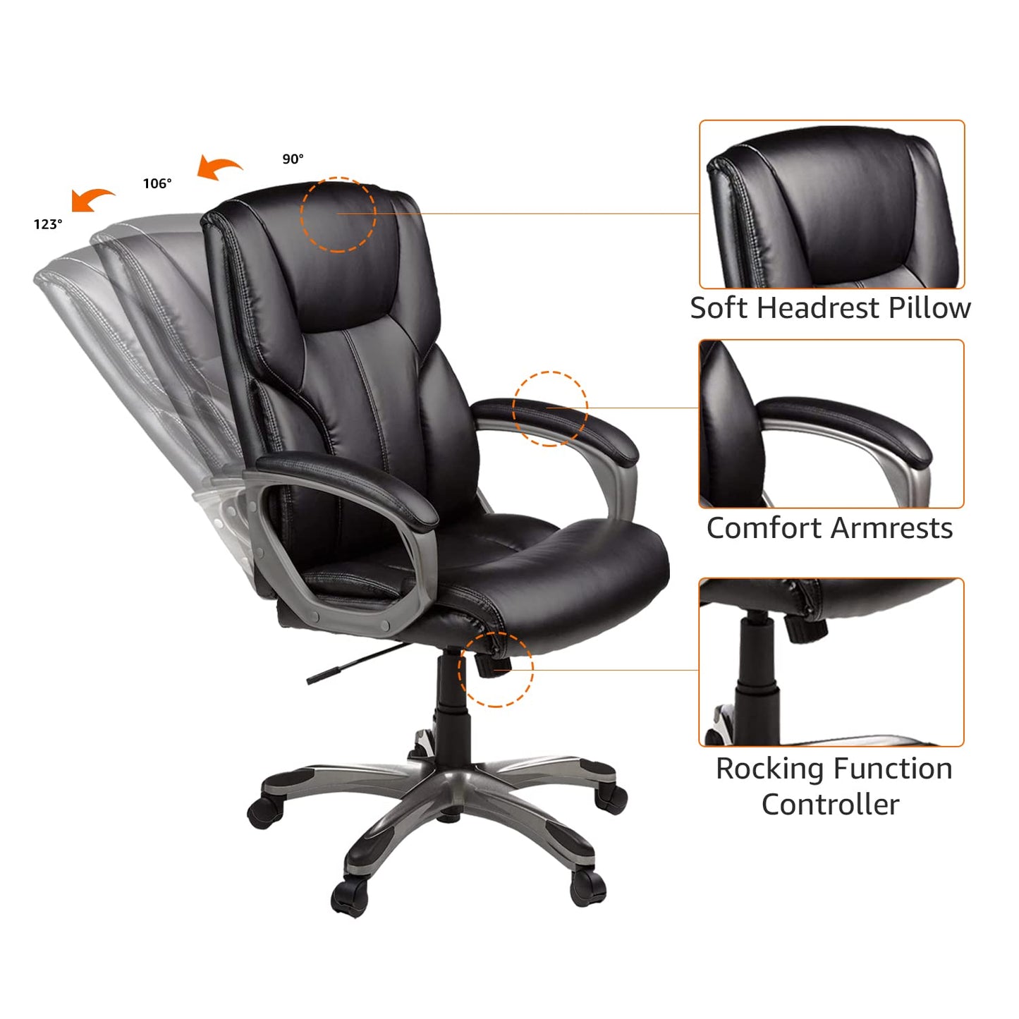 Amazon Basics Executive High Back Office Desk Chair, Adjustable Height, Tilt, Swivel, one Size, Black/Silver