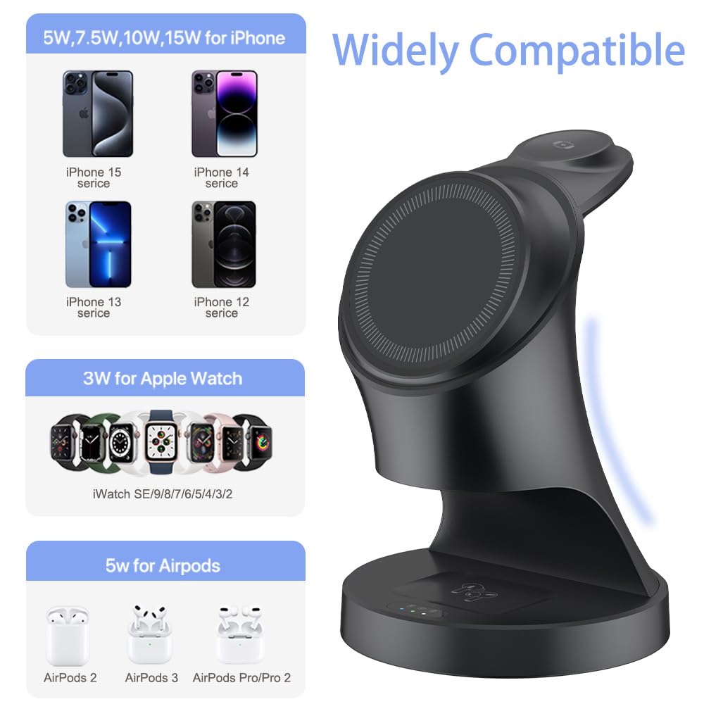 Wireless Charger,3 in 1 Magnetic Wireless Charger Stand, Fast Wireless Charging Dock for iPhone16/15/14/13/12 Series, Apple Watch Series, AirPods Pro.