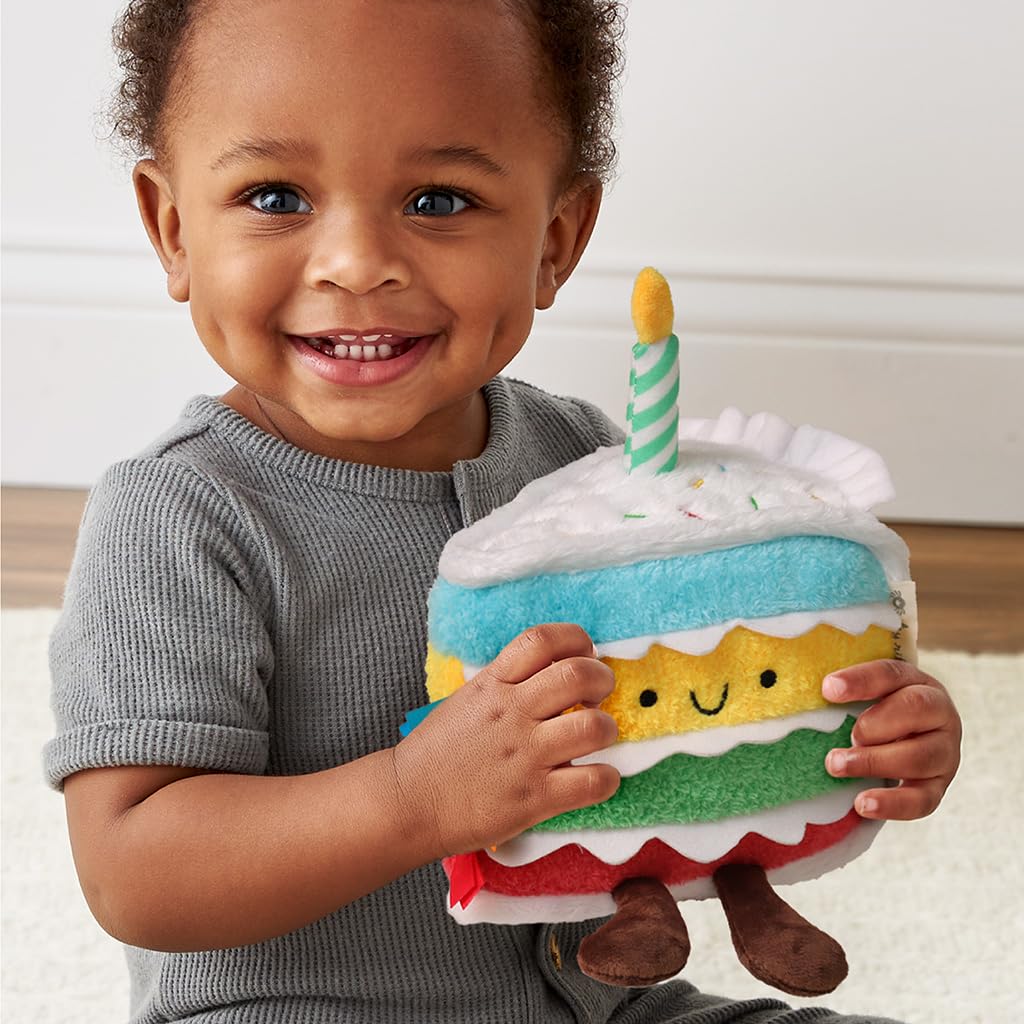 Itzy Ritzy Snuggles Plush Toy – Soft Stuffed Animal for Babies, Kids & Adults – Sensory Ribbons & Textured Fabrics for Tactile Play – Cozy & Cuddly Companion for Newborns & Up (Birthday Cake)