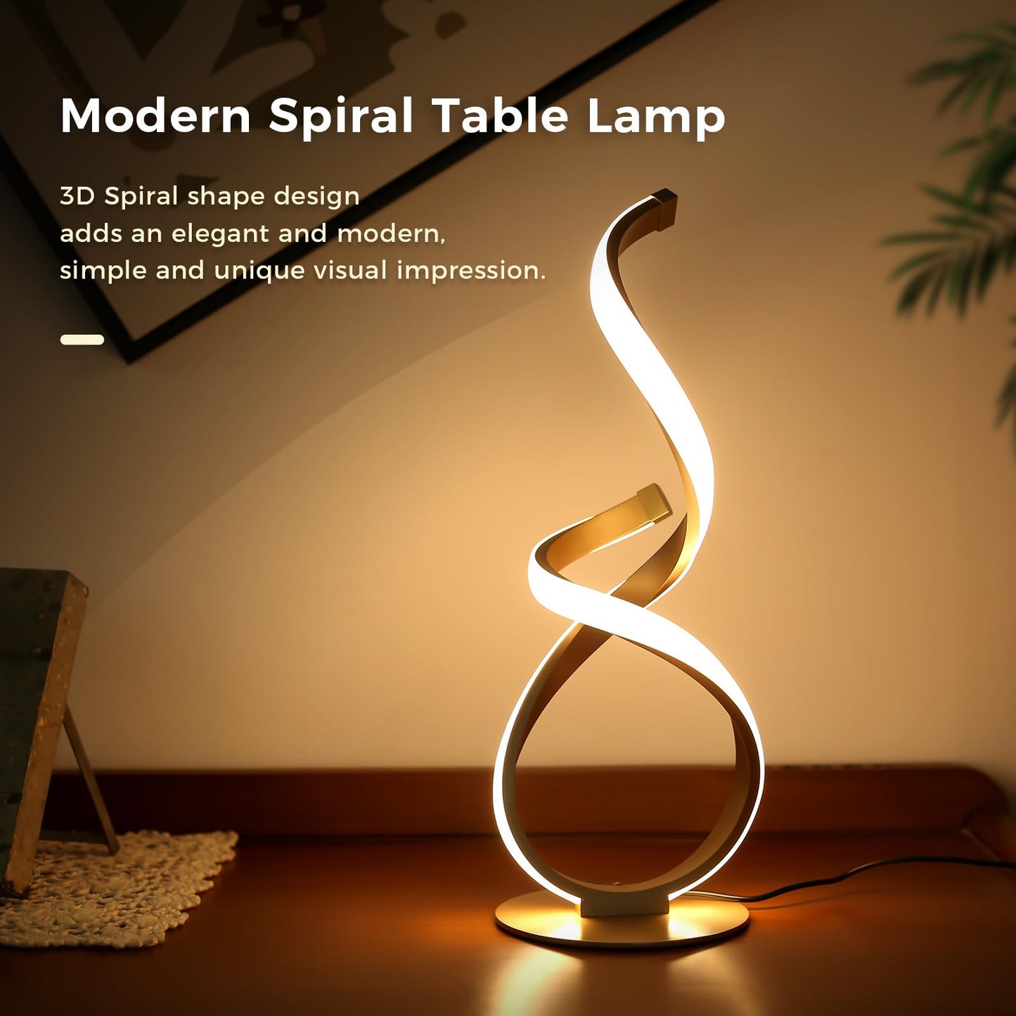 JIOODICH. Bedside Table Lamp, LED Touch Dimmable Spiral Desk Lamp for Night Stands, 3 Color Temperature Modern Nightstand Light, Unique Side Light for Living Room, Bedroom, Gold