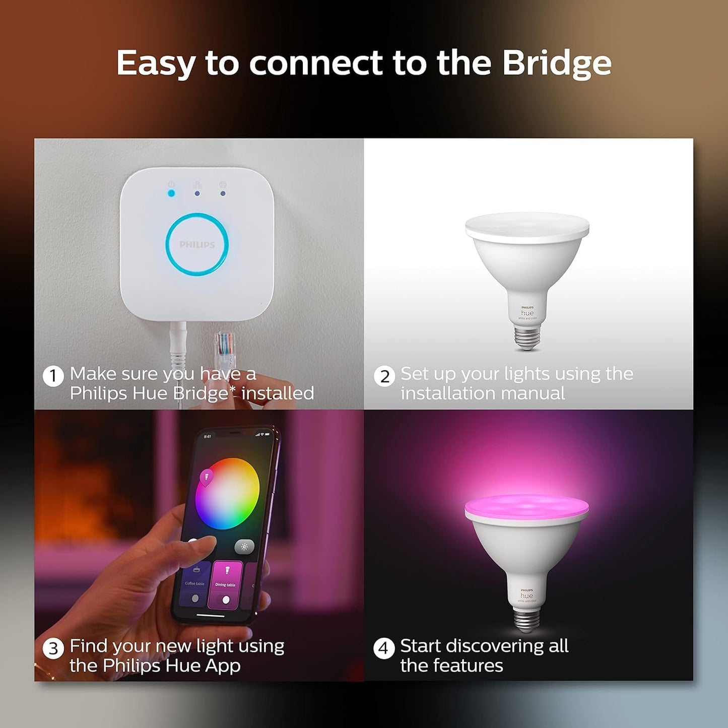 Philips Hue Smart 100W PAR38 LED Bulb - White and Color Ambiance Color-Changing Light - 1 Pack - 1300LM - E26 - Outdoor - Control with Hue App - Works with Alexa, Google Assistant and Apple Homekit