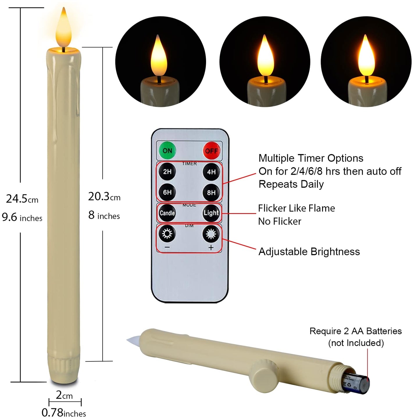 Homemory 24 Pcs Flameless Taper Candles with Remote, Timer, Dimmer, Plastic Battery Operated CandleSticks, Ivory Led Window Candles with Flickering Light, 9.6 Inches for Halloween Christmas Decoration