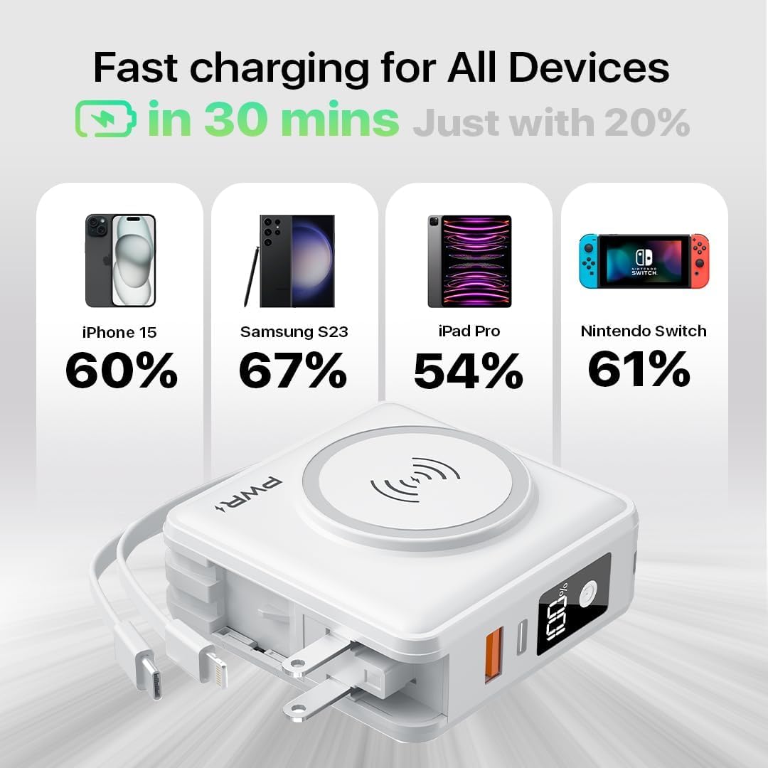 PWR Travel PRO 5-in-1 Power Bank – 5-in-1 PD 20W USB C Power Bank – 15W Fast Charging Wireless Portable Charger – Travel Power Bank with 10,000mAh Battery – Compatible with Lightning, USB-C (White)