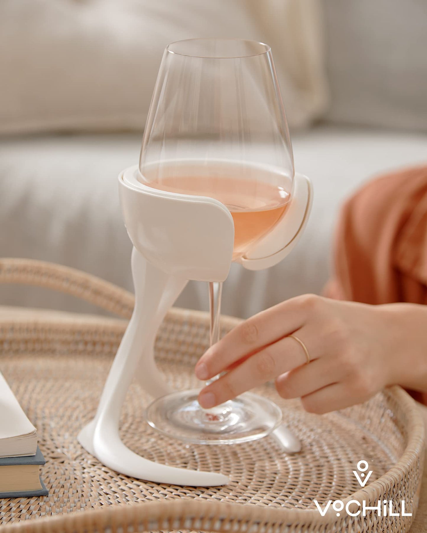 VoChill Stemmed Wine Glass Chiller | Made in USA | Radically cool wine tool – keeps wine perfectly chilled in your glass | Refreezable Chill Cradle actively chills (Sand, Perfect Pair)