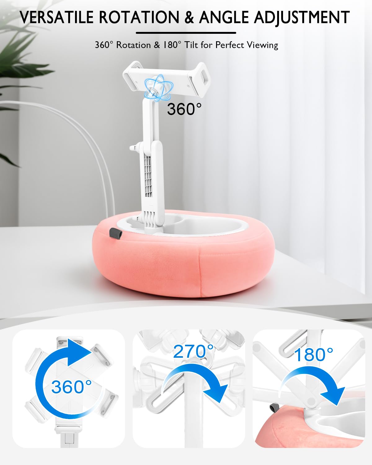 Tablet Pillow Stand, Compatible with 5"-12.9" Kindle, iPad, Phone/Tablet, Google, Samsung, 360° Rotating Phone Holder for Bed, Soft Plush Fabric, Detachable Bowl, Reading and Relaxation on Bed, Pink