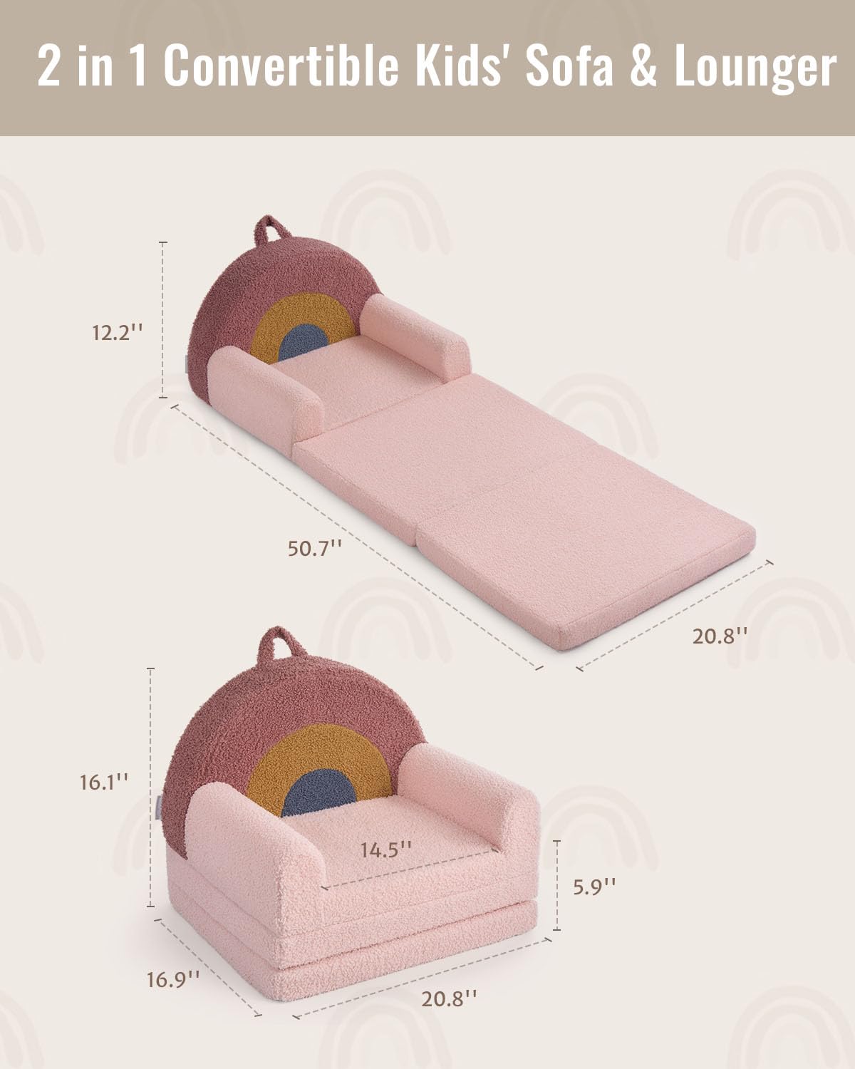 Blissful Diary Foldable Toddler Couch, 2-in-1 Comfy Toddler Chair & Lounger for Reading, Playroom, Kids Couch Sofa for Girls Boys Birthday Gift, Blush Rainbow