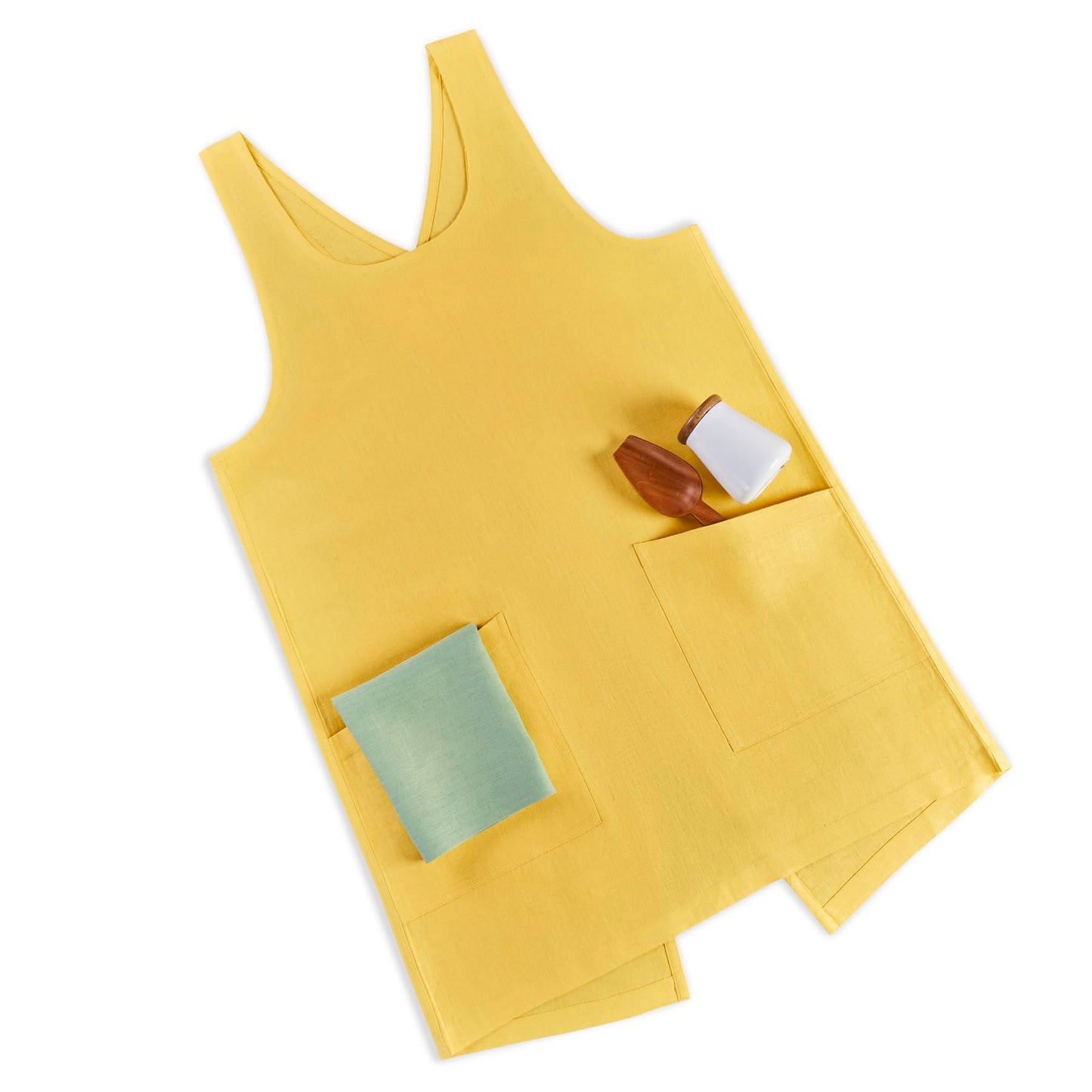 Solino Home Cross Back Linen Apron with Pockets for Gardening, Kitchen - Marigold Yellow Pinafore Smock Apron 100% Pure Linen for Men & Women - Handcrafted from European Flax