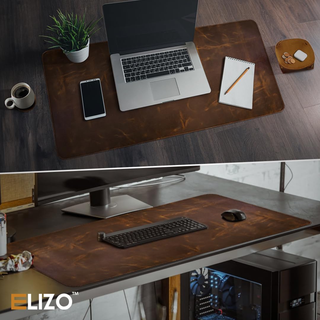 Leather Desk Pad (Real) Leather Desk Mat Set (32x16) Large Desk Cover Desk Blotter Desk Protector Computer Mat for Keyboard Gaming Mouse Pad Table Laptop Office Desktop Accessories Antique 2mm ELIZO