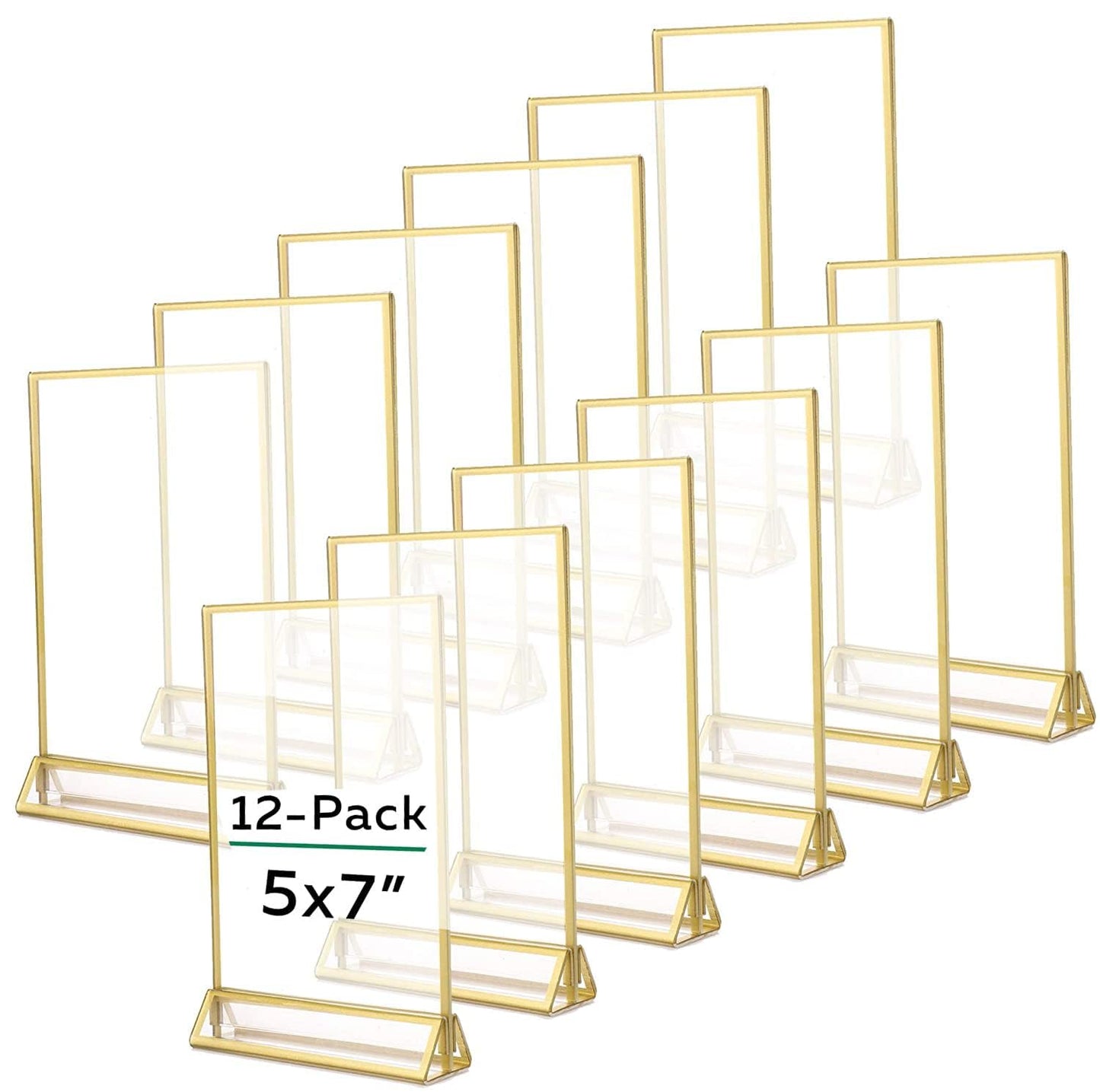 TonGass 12-Pack 5x7 Standard Double-Sided Acrylic Wedding Table Numbers Picture Frames, Clear Sign Holders with 3mm Gold Border & Vertical Stand