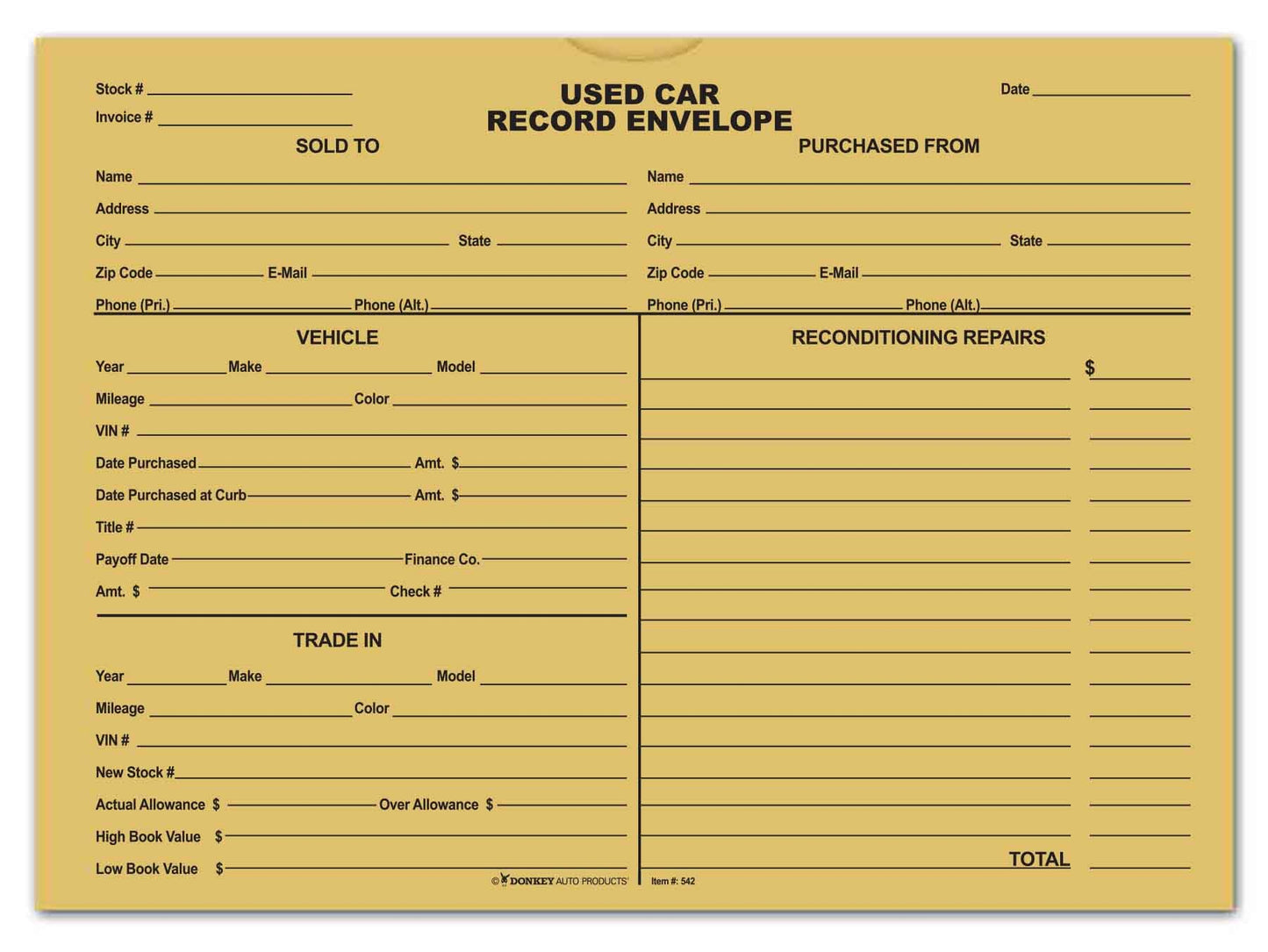 Used Car Record Envelopes - Deal Jackets for Used Vehicles (100 per pack) (Buff)